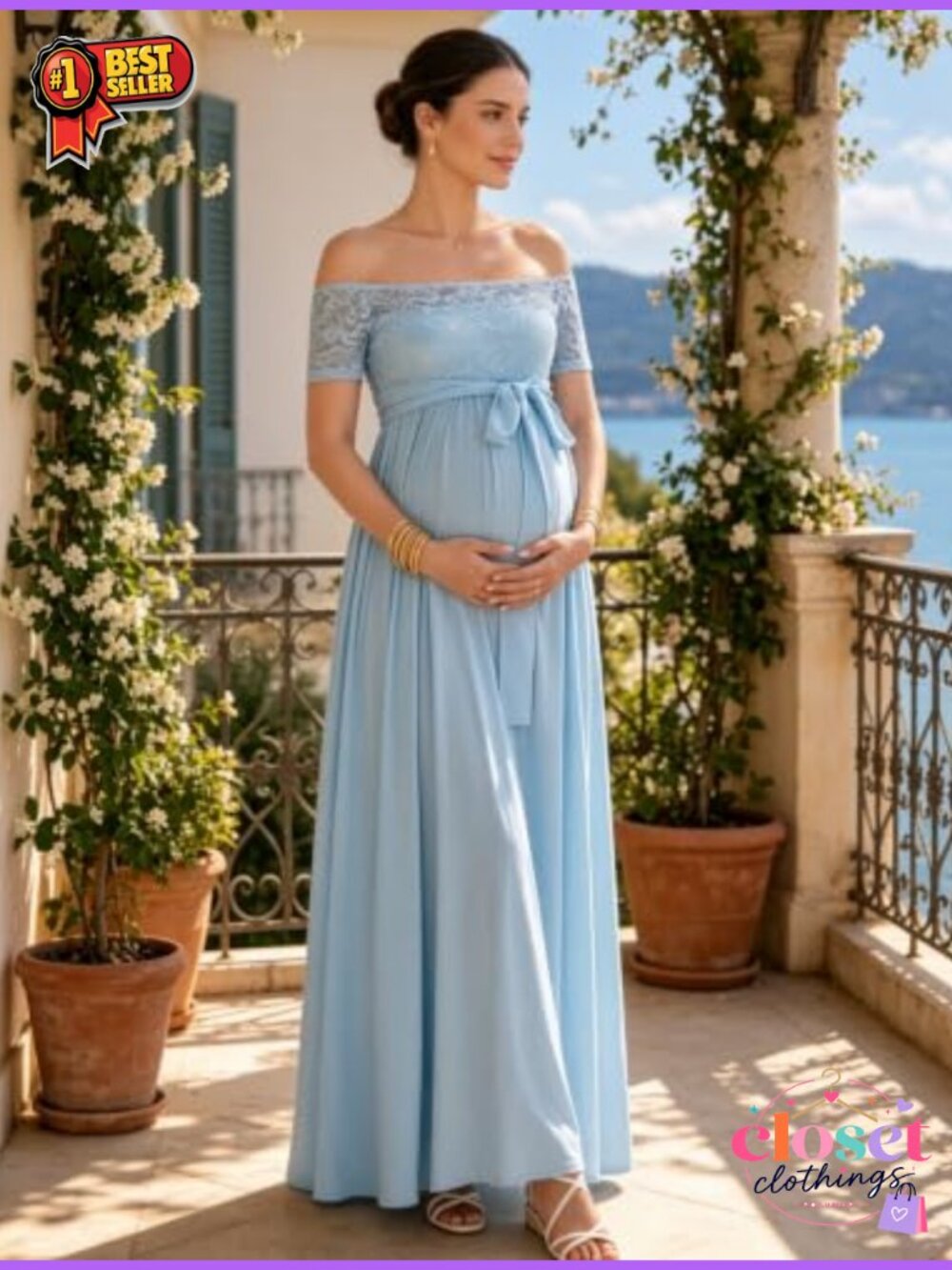 Off Shoulder Lace Maternity Maxi Dress Baby Shower Photoshoot - Picture 4 of 5